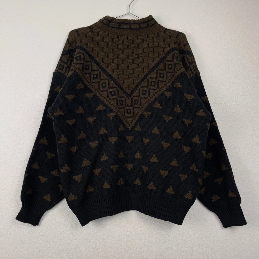 Vintage Cosi L'Uomo Grandpa Cosby Sweater Geometric Mock Neck Large Black Brown - Picture 2 of 9